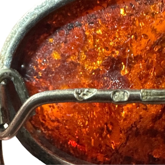 Vtg Signed M 925 Sterling Silver Natural Amber Cabochon Floral Brooch Pin 2” 13g - Picture 9 of 16
